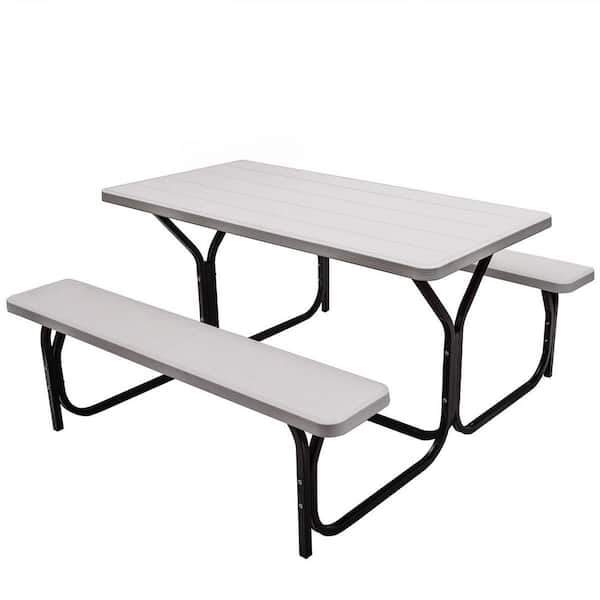 WELLFOR 54 in. W HDPE Plastic Outdoor Picnic Table with 2 Benches in White