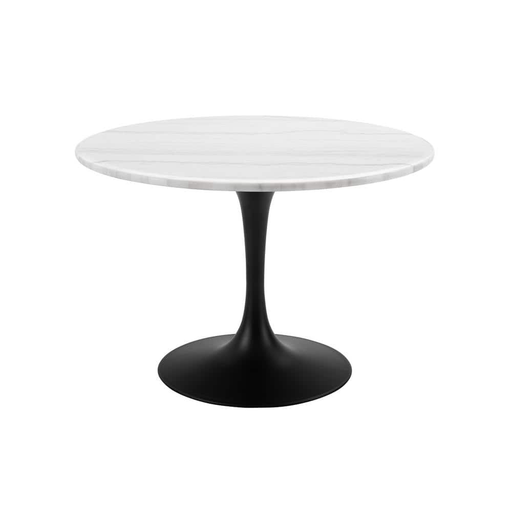 Colfax 45 in. Round White Marble Table with Black Pedestal Base Dining Tabl