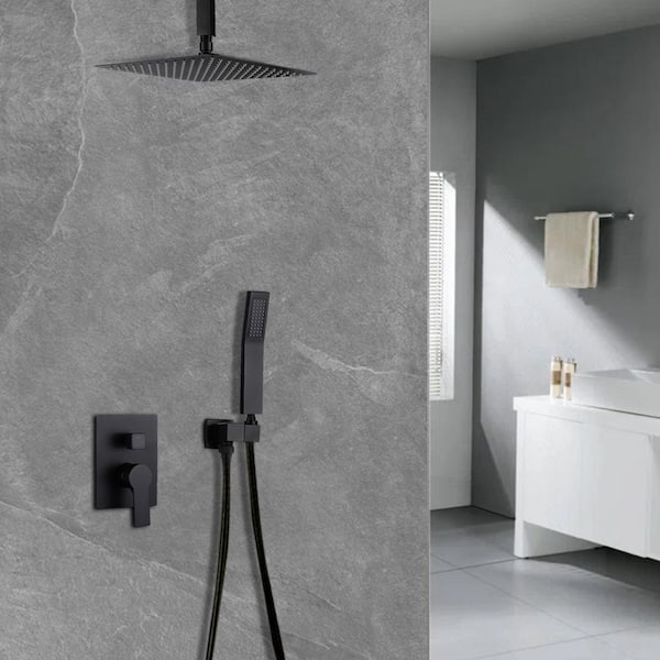 1-Spray 12 in. Ceiling Mount Dual Shower Heads with Handheld Built-In Shower System in Black