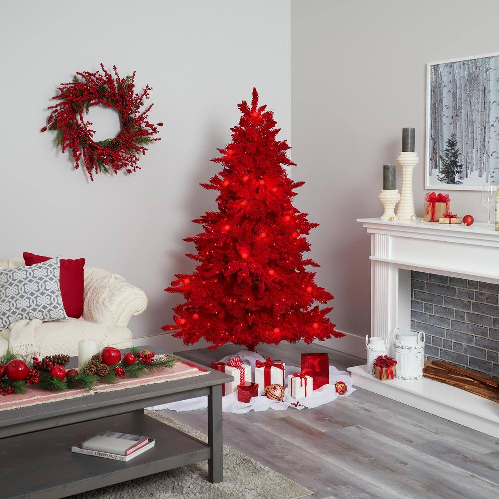 6-Foot Red Flocked Fir Artificial Christmas Tree with Lights