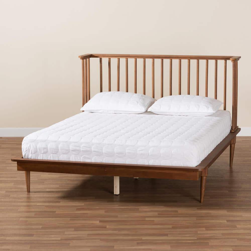 Mid-Century Modern Ash Wood King Platform Bed with Spindle Headboard