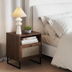 Mina Walnut Side Table, Boho Nightstand or Rattan End Table with Storage, 22 in W Nightstand with Matte Black Legs