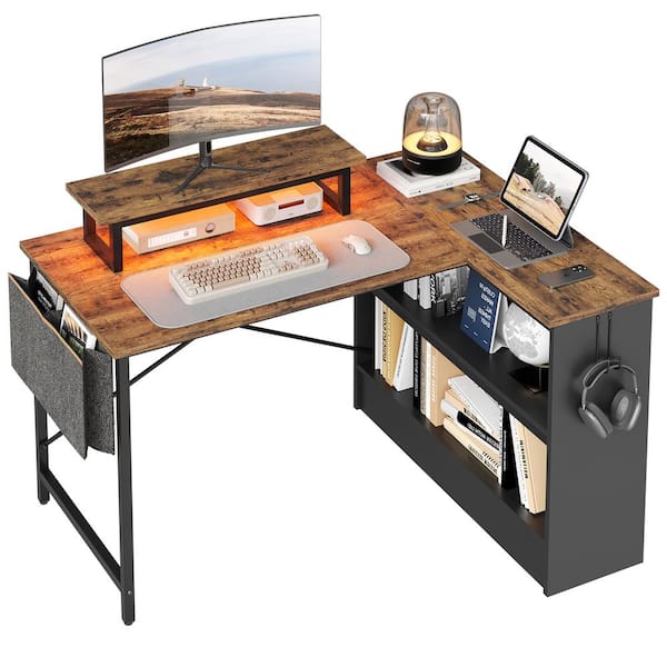 Bestier 61 in. LED Desk with 4 Tiers Reversible Storage Shelves and Side Storage Bag & 2 Hooks Black Grained