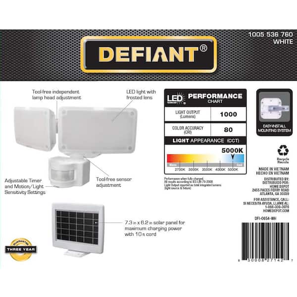 Defiant 1000 Lumens 180° White Solar Powered Motion Activated Outdoor  Integrated LED Flood Light DFI-0654-WH The Home Depot