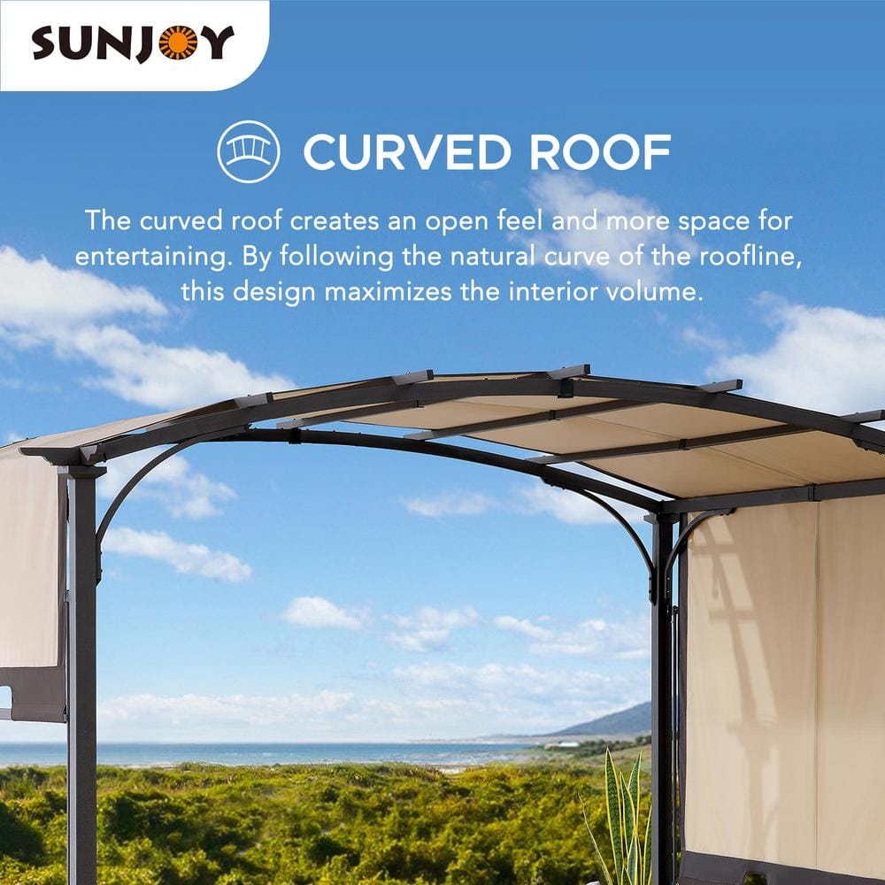 Tan and Brown Steel Arched Pergola with Adjustable Canopy