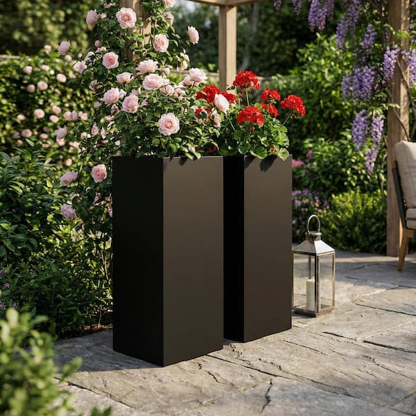 36 in. H x 13 in. L Black Metal Square Planter Box (2-Pack)