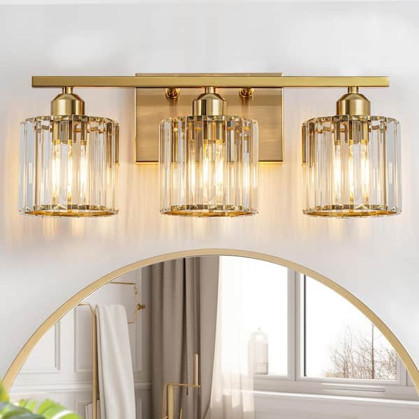 19.29 in. 3-Light Gold Modern/Contemporary Vanity Light with Cylinder Crystal Shade