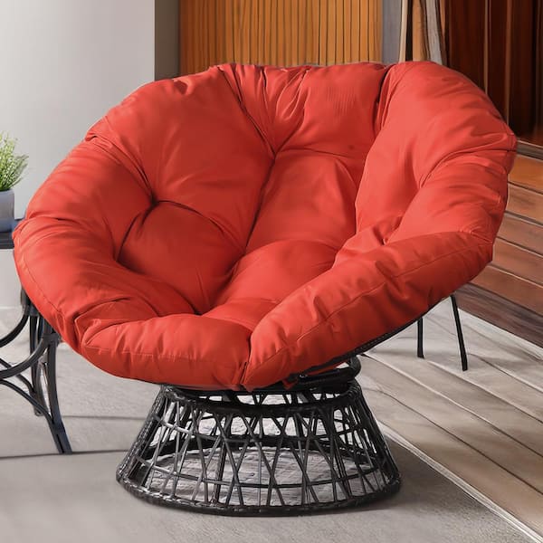 THY-HOM Rome Dark Brown Swivel Papasan Chair Wicker Outdoor Lounge Chair with Orange Cushions (2-Pack)