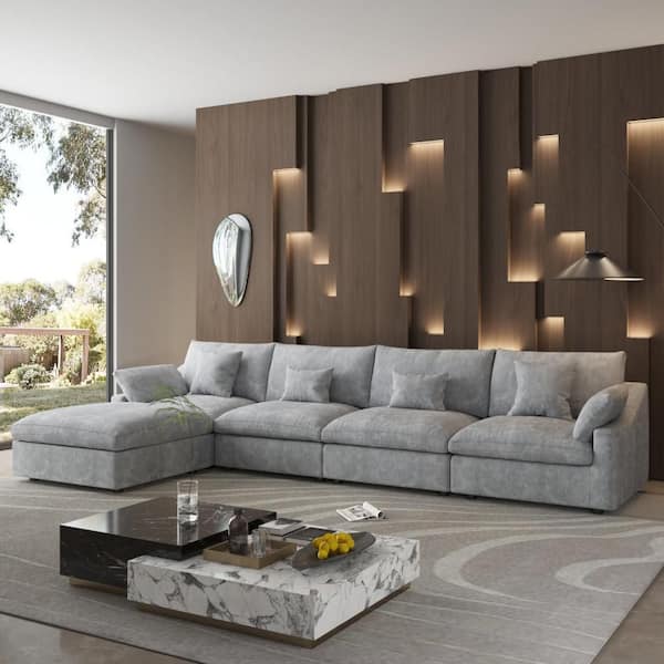 156 in. Square Arm 5-piece Linen Modular Sectional Sofa in. Gray with Ottoman, Living Room Couch, Customizable Design