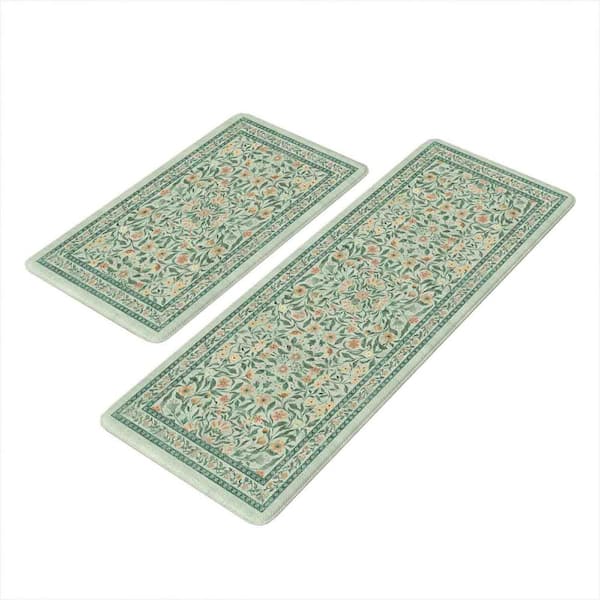 Green 17.3 in. x 29 in. + 17.3 in. x 47 in. Indoor Floral Kitchen Rugs Sets of 2