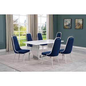 Lisa 7-Piece Rectangular White Marble Top Chrome Base Dining Set with Navy Blue Velvet Chairs Seats 6.