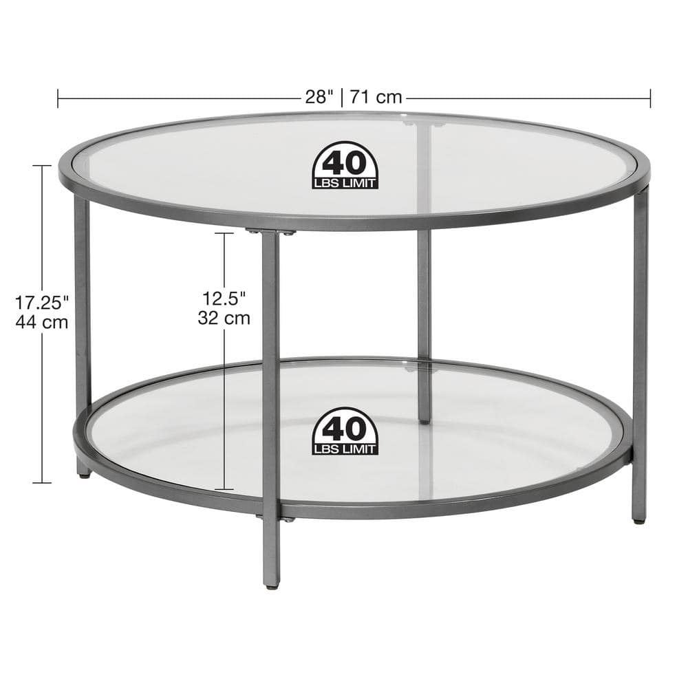 Pewter Round Glass Coffee Table with Steel Frame, 28 Inches
