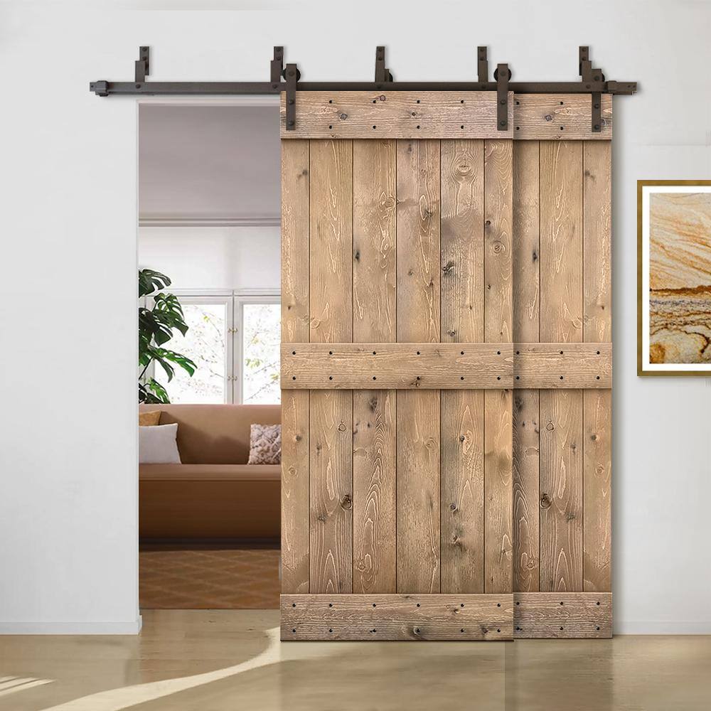 Light Brown Knotty Pine Double Bypass Barn Door with Oil-Rubbed Bronze Hardware