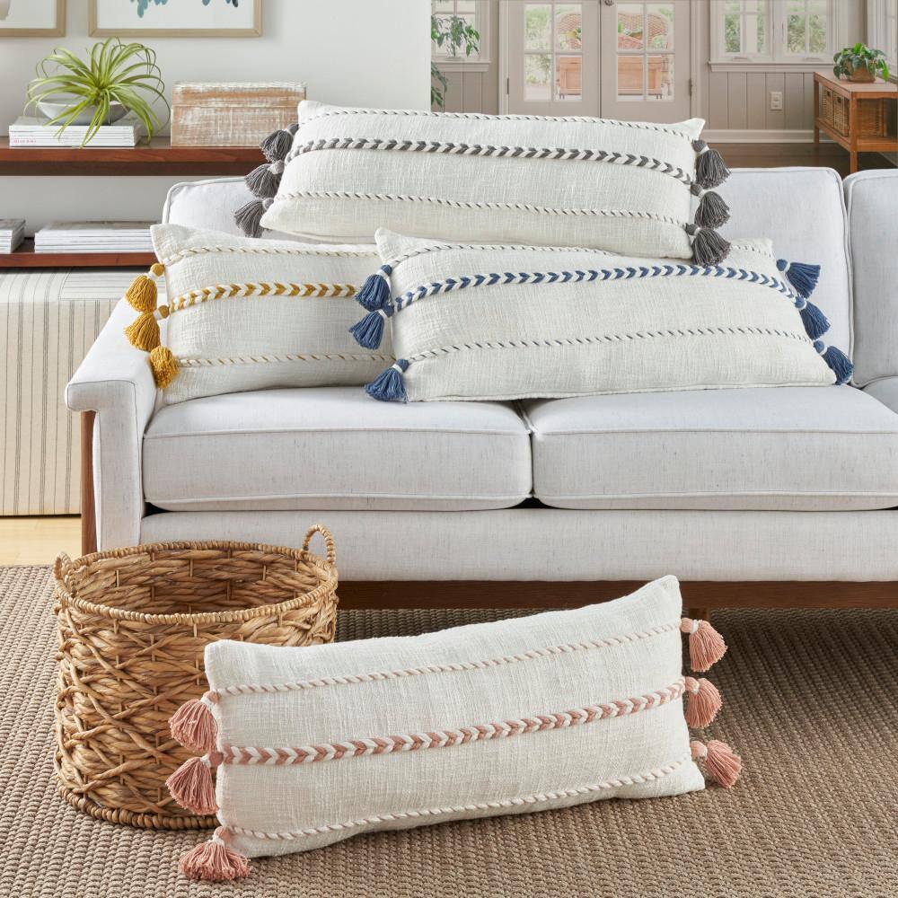 Blush Pink Cotton Lumbar Pillow with Tassels, 12" x 30"