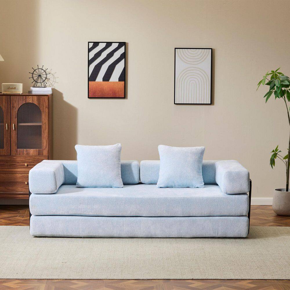 76.77 in W Square Arm Chenille Rectangle Convertible Floor Sofa in Light Blue Floor Sofa Bed with Pillow price history on PriceWatchPro