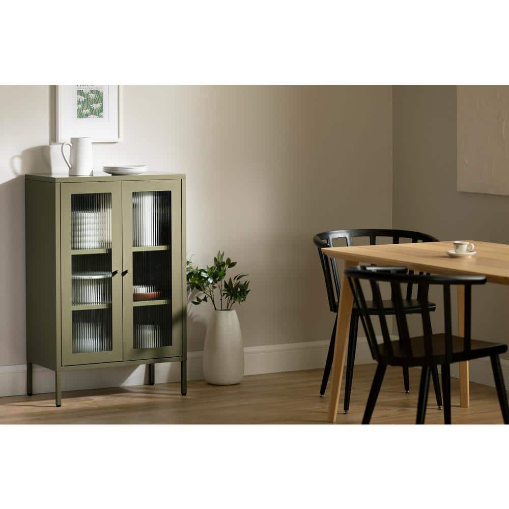 Olive Green Metal Storage Cabinet with Fluted Glass Doors