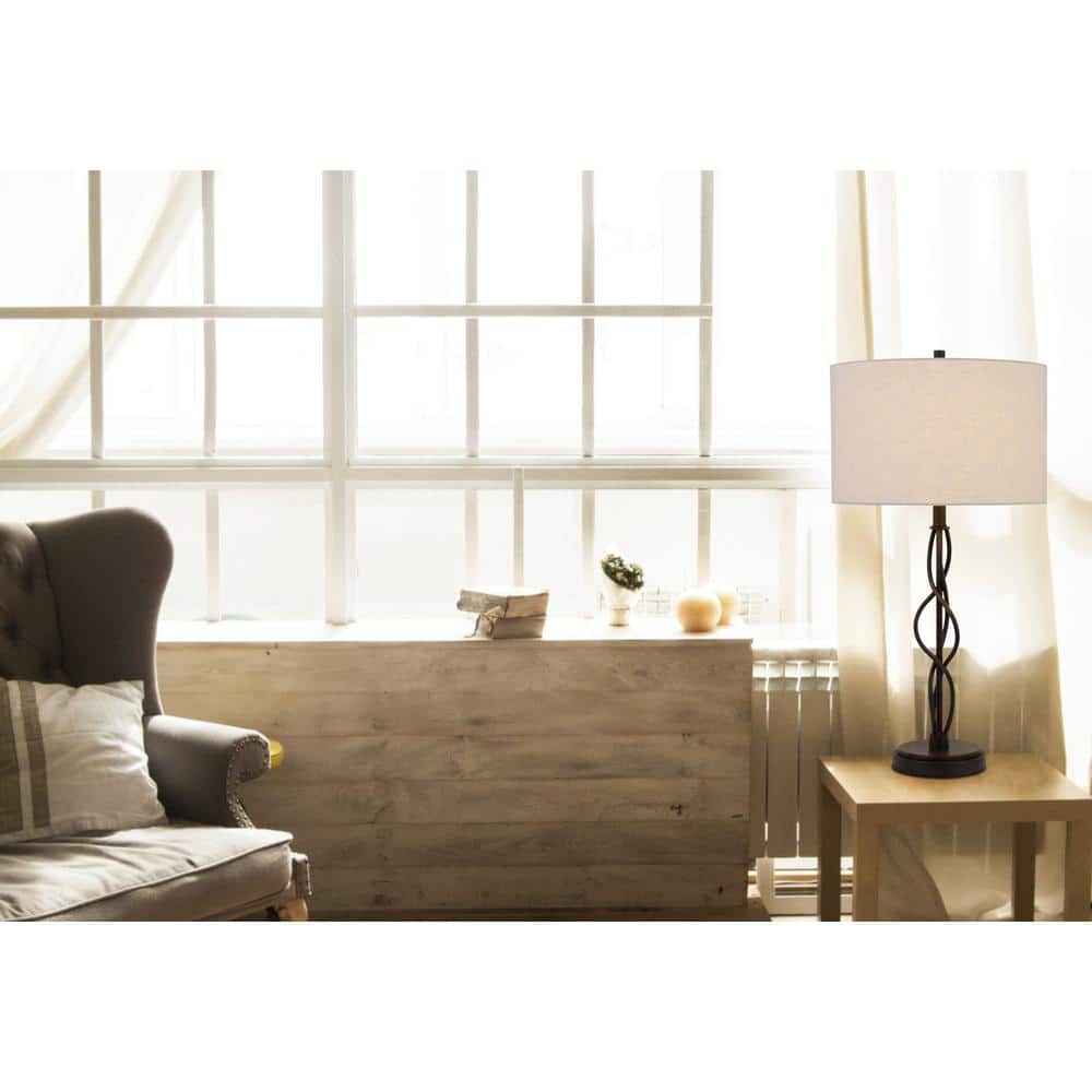 30" Bronze Metal Table Lamp with Off-White Drum Shade