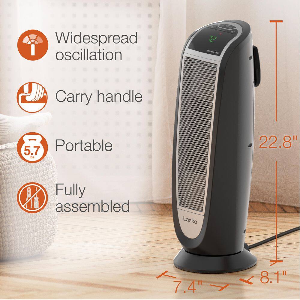 Lasko 23" Black Ceramic Electric Tower Heater with Remote