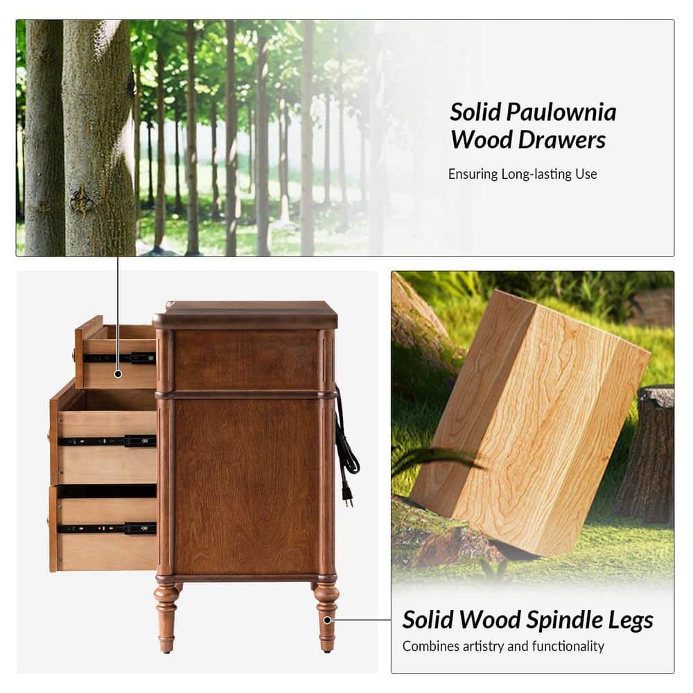 Roland Walnut 3-Drawer 28 in. W Nightstand Set of 2 with Built-In Charging Station - thumbnail 6