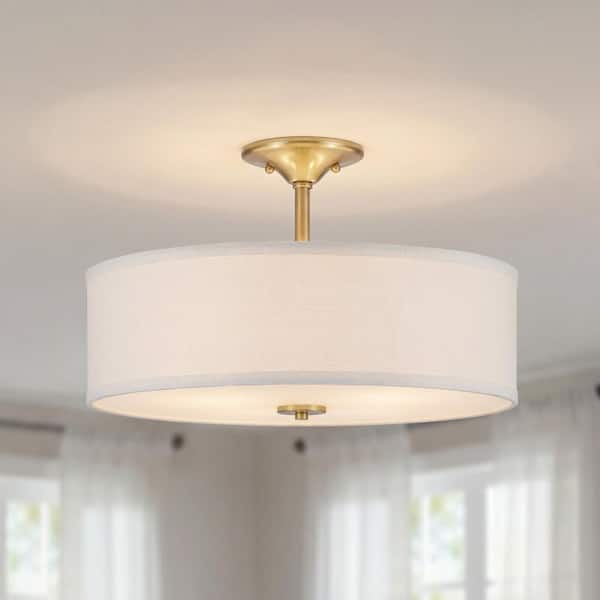 Inspire 18 in. 3-Light Satin Brass Semi-Flush Mount Ceiling Light with Summer Linen Shade