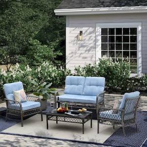 Retro 4-Piece Metal Outdoor Hollow-Out Patio Conversation Set Seating Group with Blue Cushions