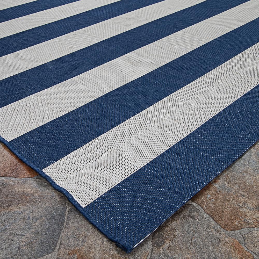 Midnight Blue and Ivory Stripe Synthetic Easy-Care Outdoor Rug, 3'11" x 5'7"