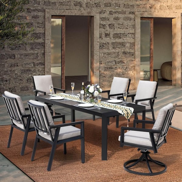 Black 7-Piece Aluminum Outdoor Dining Set with Gray Cushion