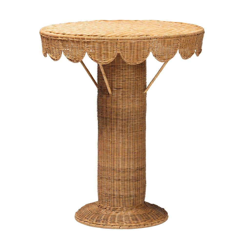Pabla Light Honey Rattan and Metal Round Scalloped Accent Table