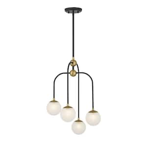 Couplet 4-Light Matte Black with Warm Brass Accents Chandelier with Frosted Glass Shades