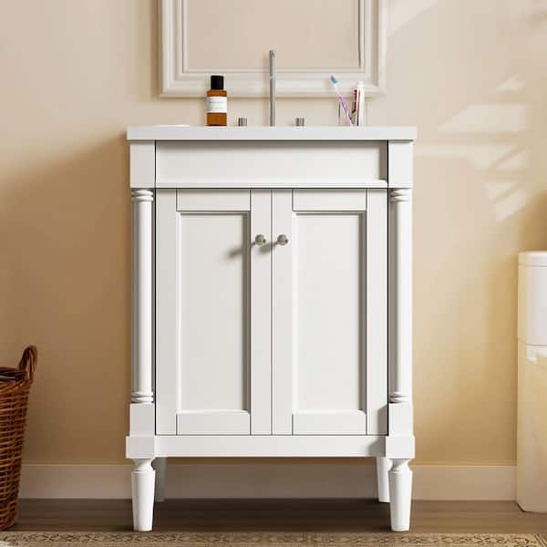 24 in. W Single Sink Freestanding White Bath Vanity with White Ceramic Top and Storage Shelves, Unassembled