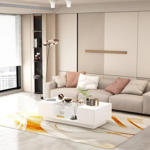 47.4 in. W White Rectangle Particle Board Wooden Coffee Table with 2 Drawers, Glass Table Top & 4 Open Shelves