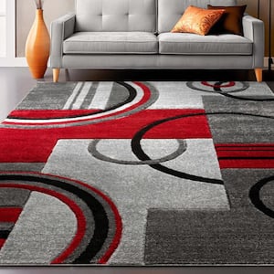 Ruby Galaxy Waves Grey and Red 7 ft. x 9 ft. Geometric Modern Area Rug