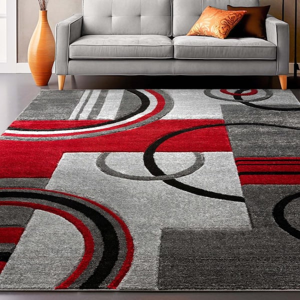 Ruby Galaxy Waves Grey/Red 5 ft. x 7 ft. Modern Geometric Area Rug