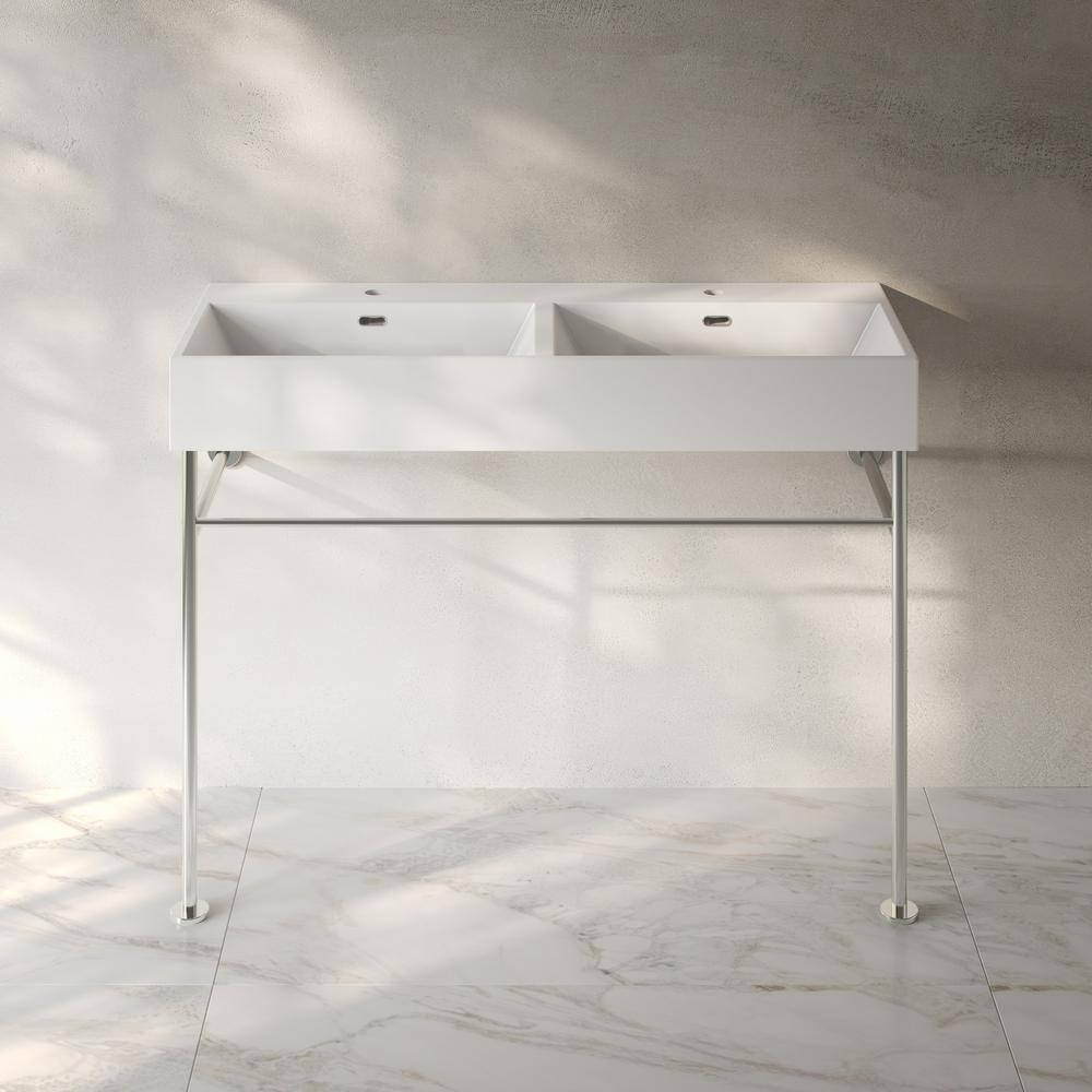 Claire 48" White Ceramic Double Basin Console Sink with Polished Chrome Legs