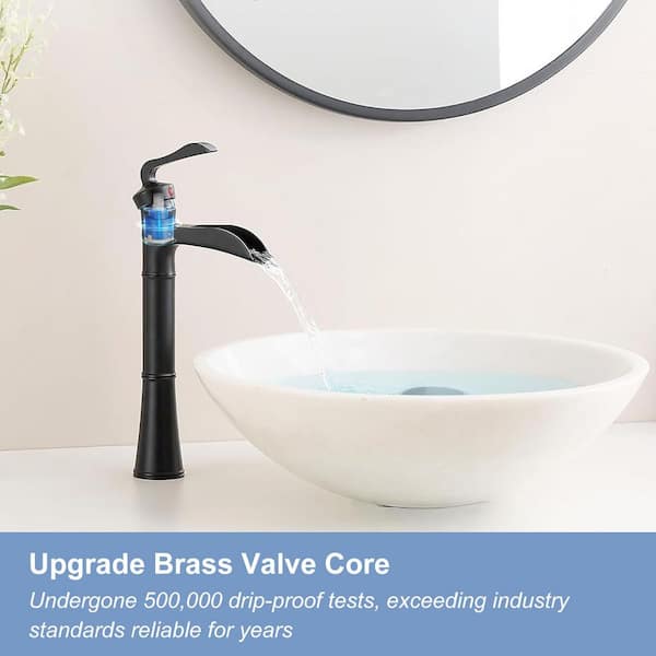 Single Handle Waterfall Bathroom Vessel Sink Faucet in Matte Black with Pop-Up Drain and Pre-Installed Hoses