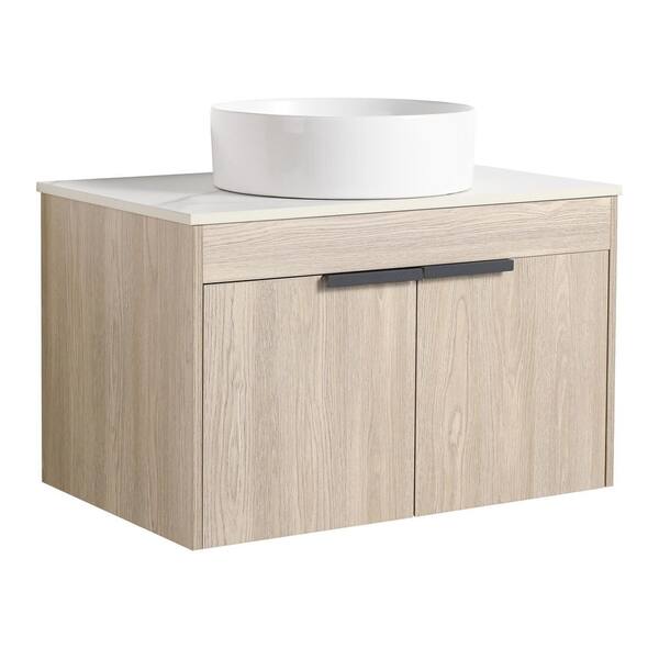 30 in. W Floating Bath Vanity in White Oak with White Ceramic Basin Top in White with Sink and Storage Shelves