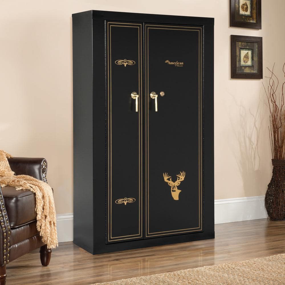 Classic 16-Gun Black and Woodgrain Metal Safe with Key Lock