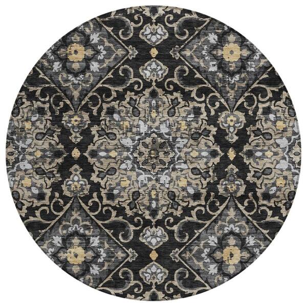 Chantille Machine Washable Indoor/Outdoor Abstract ACN3164 Black 8 ft. x 8 ft. Round Rug