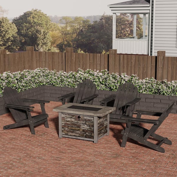 CASAINC 43.5 in. 5-Piece Metal Patio Fire Pit Set Fire Pit Table and Gray Adirondack Chairs with Cup Holder and Umbrella Holder