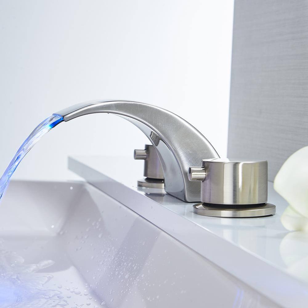 Brushed Nickel LED Waterfall Widespread Bathroom Faucet