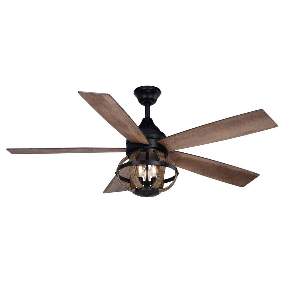 Huron Black and Burnished Teak Farmhouse Indoor Ceiling Fan with LED Cage Light Kit and Remote