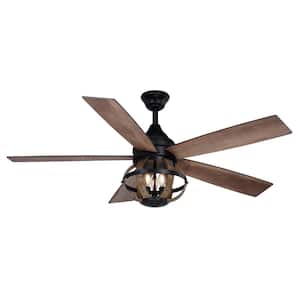 Huron 52 in. W Indoor Black Ceiling Fan with Remote and Burnished Teak Farmhouse LED Cage Light Kit and
