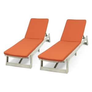Maki Light Grey Wash 2-Piece Wood Outdoor Chaise Lounge with Rust Orange Cushions