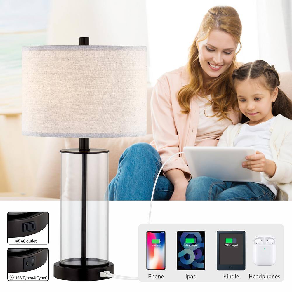 Bronze and Clear Glass Touch Control Table Lamp Set with USB Ports