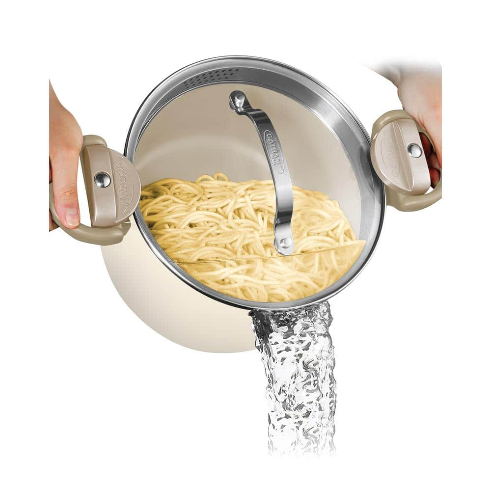 Gotham Steel Natural Collection 5 qt. Aluminum Ceramic Nonstick Pasta Pot in Cream with Lock Handles and Lid