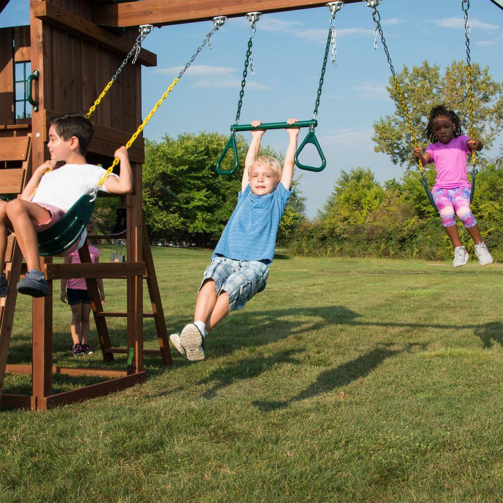 Castlebrook Wooden Swing Set with Yellow Slides and Climbing Wall