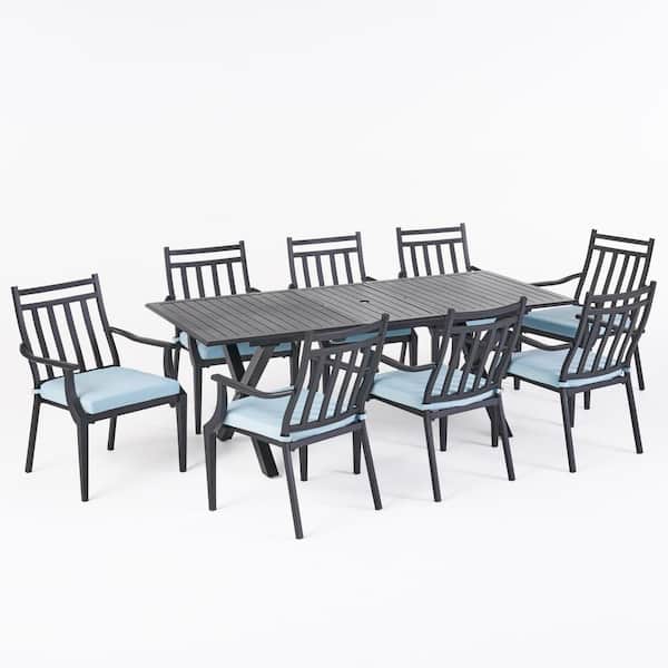 Noble House Delmar 28.75 in. Black 9-Piece Aluminum Rectangular Patio Outdoor Dining Set with Light Teal Cushion