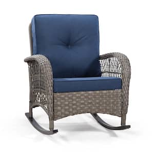 Brown Wicker Outdoor Rocking Chair Patio with Blue Cushions (1-Pack)