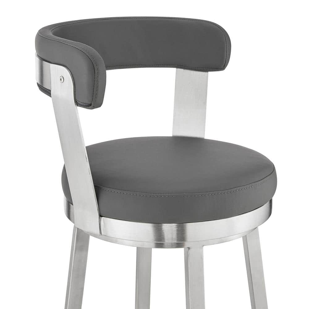 Gray Faux Leather Swivel Counter Stool with Brushed Stainless Steel