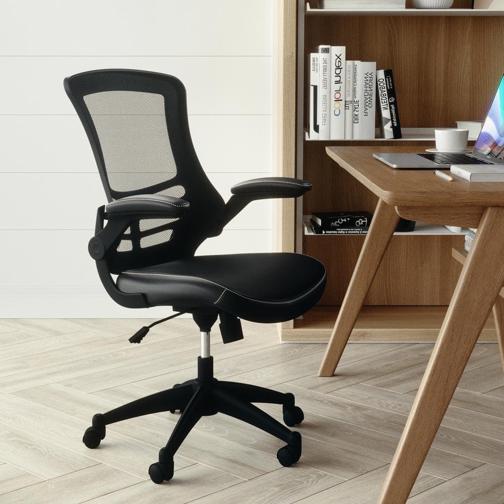 Kelista Faux Leather Mid-Back Ergonomic Swivel Office Chair in Black with Arms